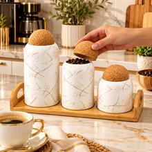 3-Piece White Marble-Design Kitchen Canister Set with Cork Ball Lids & Bamboo Tray