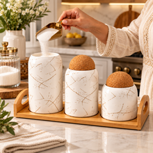 3-Piece White Marble-Design Kitchen Canister Set with Cork Ball Lids & Bamboo Tray