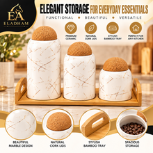3-Piece White Marble-Design Kitchen Canister Set with Cork Ball Lids & Bamboo Tray