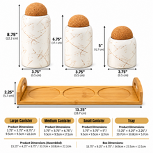 3-Piece White Marble-Design Kitchen Canister Set with Cork Ball Lids & Bamboo Tray