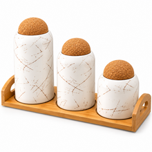 3-Piece White Marble-Design Kitchen Canister Set with Cork Ball Lids & Bamboo Tray