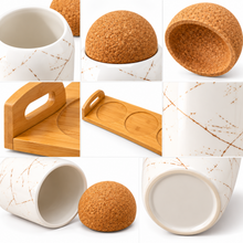 3-Piece White Marble-Design Kitchen Canister Set with Cork Ball Lids & Bamboo Tray