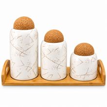 3-Piece White Marble-Design Kitchen Canister Set with Cork Ball Lids & Bamboo Tray