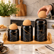 3-Piece Black Marble-Design Kitchen Canister Set with Cork Ball Lids & Bamboo Tray – Large, Medium & Small Storage Jars