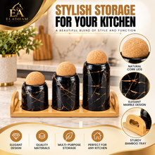 3-Piece Black Marble-Design Kitchen Canister Set with Cork Ball Lids & Bamboo Tray – Large, Medium & Small Storage Jars