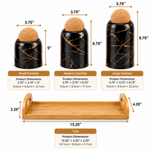 3-Piece Black Marble-Design Kitchen Canister Set with Cork Ball Lids & Bamboo Tray – Large, Medium & Small Storage Jars