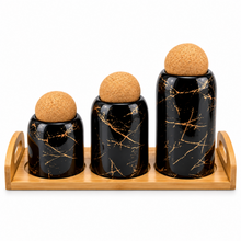 3-Piece Black Marble-Design Kitchen Canister Set with Cork Ball Lids & Bamboo Tray – Large, Medium & Small Storage Jars