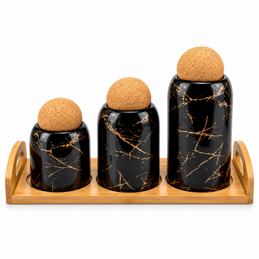 3-Piece Black Marble-Design Kitchen Canister Set with Cork Ball Lids & Bamboo Tray – Large, Medium & Small Storage Jars