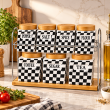 7-Piece Black & White Checkered Kitchen Canister Set with Wood Lids & Two-Tier Storage Rack