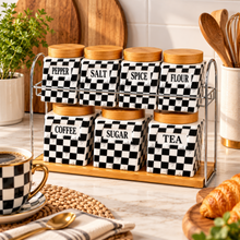 7-Piece Black & White Checkered Kitchen Canister Set with Wood Lids & Two-Tier Storage Rack
