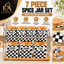 7-Piece Black & White Checkered Kitchen Canister Set with Wood Lids & Two-Tier Storage Rack