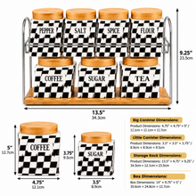7-Piece Black & White Checkered Kitchen Canister Set with Wood Lids & Two-Tier Storage Rack