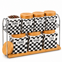 7-Piece Black & White Checkered Kitchen Canister Set with Wood Lids & Two-Tier Storage Rack