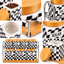 7-Piece Black & White Checkered Kitchen Canister Set with Wood Lids & Two-Tier Storage Rack