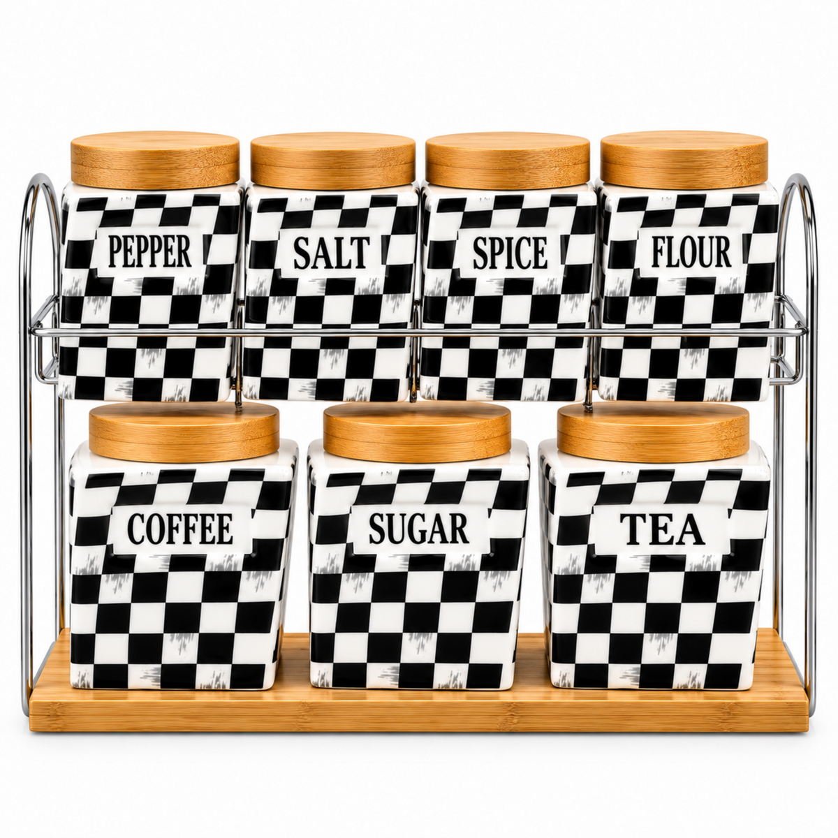 7-Piece Black & White Checkered Kitchen Canister Set with Wood Lids & Two-Tier Storage Rack