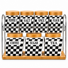 7-Piece Black & White Checkered Kitchen Canister Set with Wood Lids & Two-Tier Storage Rack