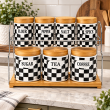 7-Piece Black & White Checkered Kitchen Canister Set with Wood Lids & 2-Tier Storage Rack