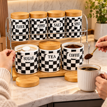 7-Piece Black & White Checkered Kitchen Canister Set with Wood Lids & 2-Tier Storage Rack