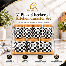 7-Piece Black & White Checkered Kitchen Canister Set with Wood Lids & 2-Tier Storage Rack