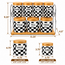 7-Piece Black & White Checkered Kitchen Canister Set with Wood Lids & 2-Tier Storage Rack