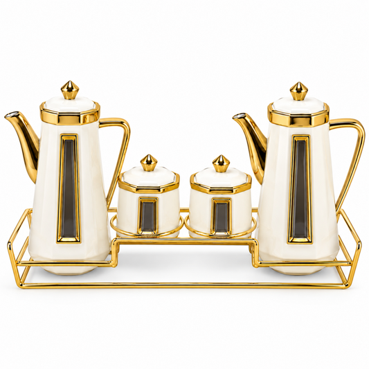 4-Piece White & Gold Luxury Tea & Coffee Pot Set with 2 Lidded Containers & Gold Display Rack