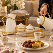 White & Gold Luxury Tea & Coffee Serving Set with 2 Pots, 2 Lidded Bowls & Gold Display Rack