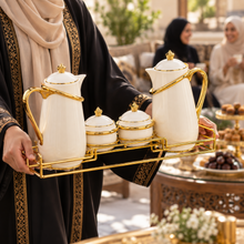 White & Gold Luxury Tea & Coffee Serving Set with 2 Pots, 2 Lidded Bowls & Gold Display Rack