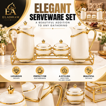 White & Gold Luxury Tea & Coffee Serving Set with 2 Pots, 2 Lidded Bowls & Gold Display Rack
