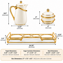 White & Gold Luxury Tea & Coffee Serving Set with 2 Pots, 2 Lidded Bowls & Gold Display Rack