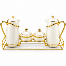 White & Gold Luxury Tea & Coffee Serving Set with 2 Pots, 2 Lidded Bowls & Gold Display Rack