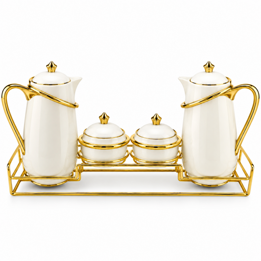 White & Gold Luxury Tea & Coffee Serving Set with 2 Pots, 2 Lidded Bowls & Gold Display Rack