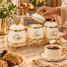 3-Piece Coffee, Sugar & Tea Canister Set with Decorative Gold Metal Stand – Ivory & Gold Kitchen Counter Storage Set