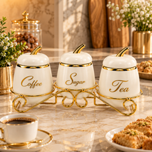 3-Piece Coffee, Sugar & Tea Canister Set with Decorative Gold Metal Stand – Ivory & Gold Kitchen Counter Storage Set