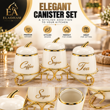 3-Piece Coffee, Sugar & Tea Canister Set with Decorative Gold Metal Stand – Ivory & Gold Kitchen Counter Storage Set
