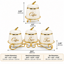 3-Piece Coffee, Sugar & Tea Canister Set with Decorative Gold Metal Stand – Ivory & Gold Kitchen Counter Storage Set