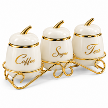 3-Piece Coffee, Sugar & Tea Canister Set with Decorative Gold Metal Stand – Ivory & Gold Kitchen Counter Storage Set