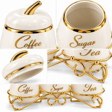 3-Piece Coffee, Sugar & Tea Canister Set with Decorative Gold Metal Stand – Ivory & Gold Kitchen Counter Storage Set