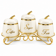 3-Piece Coffee, Sugar & Tea Canister Set with Decorative Gold Metal Stand – Ivory & Gold Kitchen Counter Storage Set