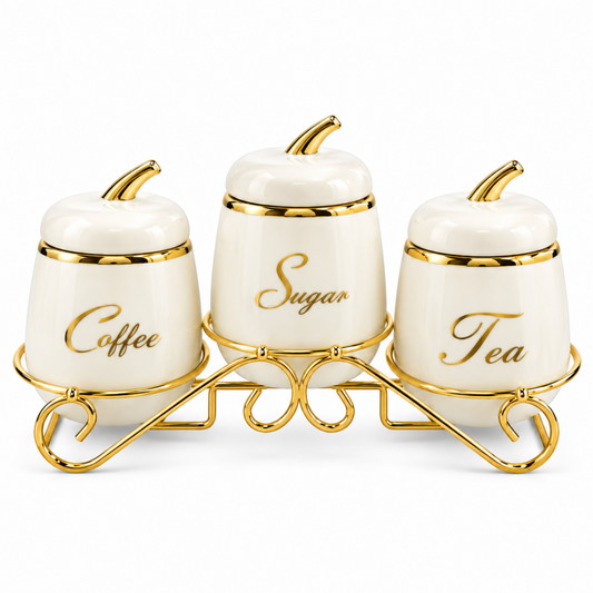 3-Piece Coffee, Sugar & Tea Canister Set with Decorative Gold Metal Stand – Ivory & Gold Kitchen Counter Storage Set