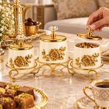 3-Piece Ivory & Gold Floral Kitchen Canister Set with Decorative Metal Stand & Crystal-Style Lid Knobs