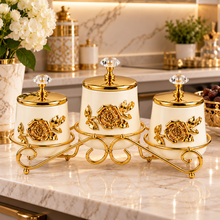 3-Piece Ivory & Gold Floral Kitchen Canister Set with Decorative Metal Stand & Crystal-Style Lid Knobs