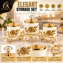 3-Piece Ivory & Gold Floral Kitchen Canister Set with Decorative Metal Stand & Crystal-Style Lid Knobs