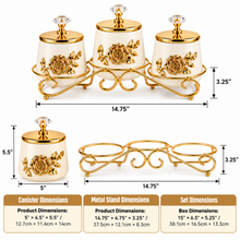 3-Piece Ivory & Gold Floral Kitchen Canister Set with Decorative Metal Stand & Crystal-Style Lid Knobs
