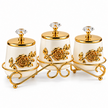 3-Piece Ivory & Gold Floral Kitchen Canister Set with Decorative Metal Stand & Crystal-Style Lid Knobs