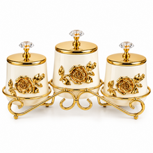3-Piece Ivory & Gold Floral Kitchen Canister Set with Decorative Metal Stand & Crystal-Style Lid Knobs
