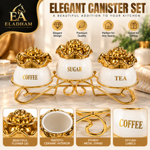Luxury 3-Piece White & Gold Coffee, Sugar & Tea Canister Set with Floral Lids & Decorative Metal Stand
