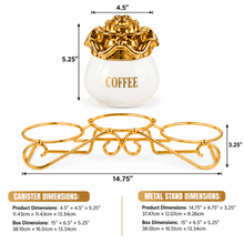Luxury 3-Piece White & Gold Coffee, Sugar & Tea Canister Set with Floral Lids & Decorative Metal Stand