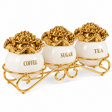 Luxury 3-Piece White & Gold Coffee, Sugar & Tea Canister Set with Floral Lids & Decorative Metal Stand