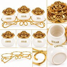 Luxury 3-Piece White & Gold Coffee, Sugar & Tea Canister Set with Floral Lids & Decorative Metal Stand