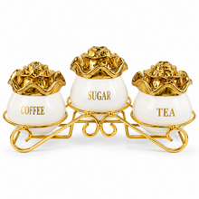 Luxury 3-Piece White & Gold Coffee, Sugar & Tea Canister Set with Floral Lids & Decorative Metal Stand